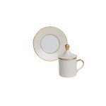 Cylindrical ivory coffee cup with saucer and lid